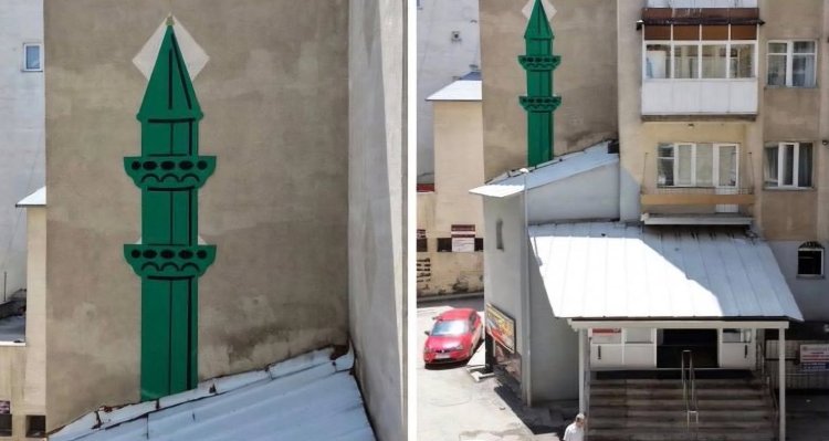 Erzurum'da İmar Sorununa Sanatsal Çözüm: Duvara 3 Boyutlu Minare Çizildi