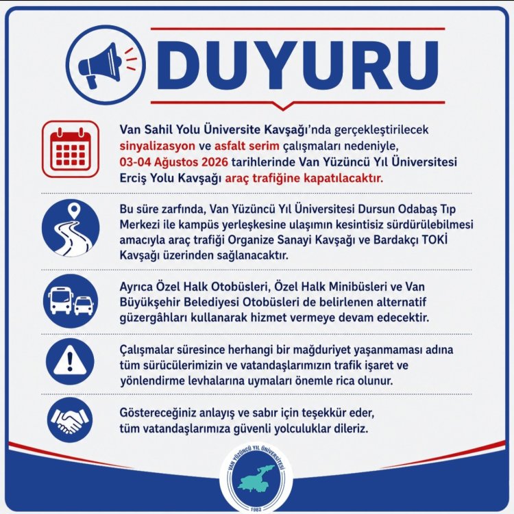 Van’da Üniversite Kavşağı 3-4 Ağustos’ta Trafiğe Kapatılıyor